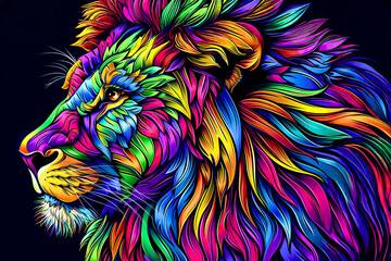 A colorful, majestic lion with a flowing mane