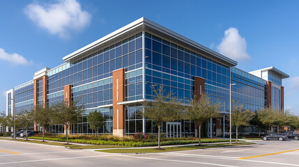 Obraz premium Modern office building exterior on a sunny day with blue sky and clouds