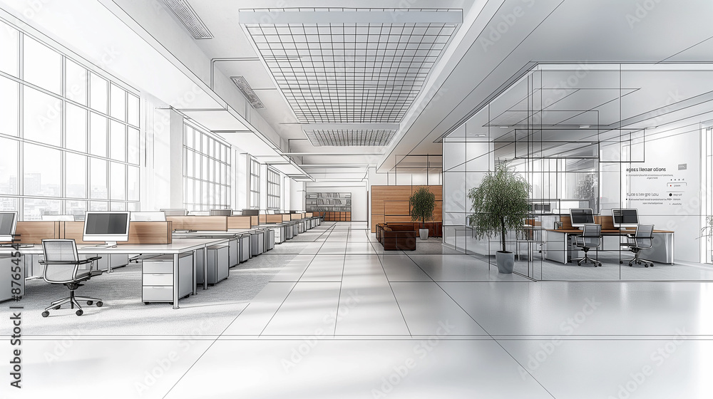 Poster architect sketching open plan office with furniture and computers