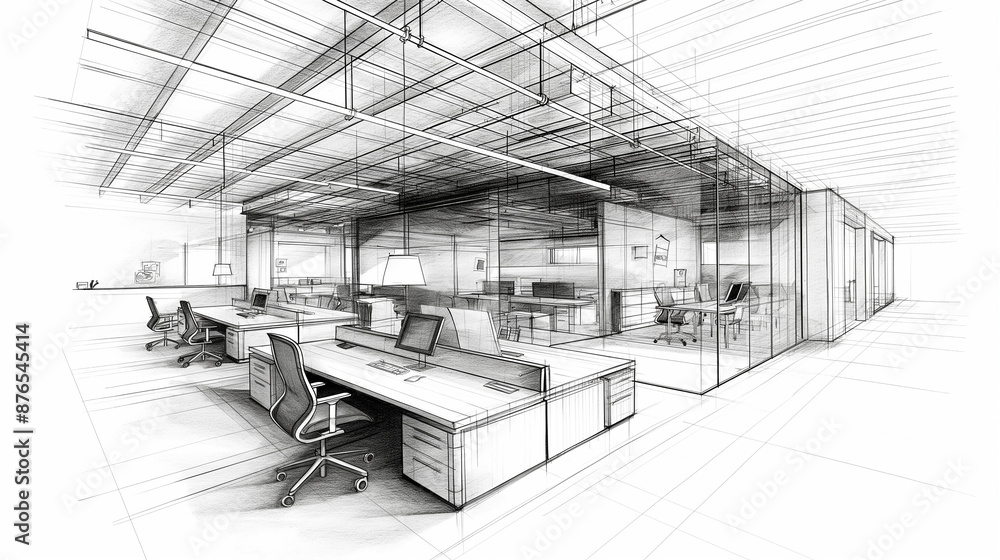 Poster architect sketching modern open space office design