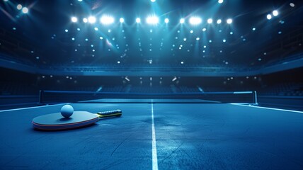 A blue table tennis setup in a well-lit arena, with a white ball on the table
