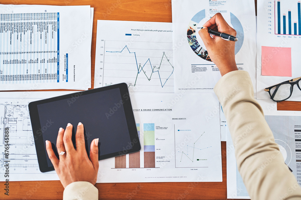 Poster Woman, hands and blueprint with statistics on paperwork with market research for client presentation and business proposal. Top view, tablet and data analysis for project management and planning