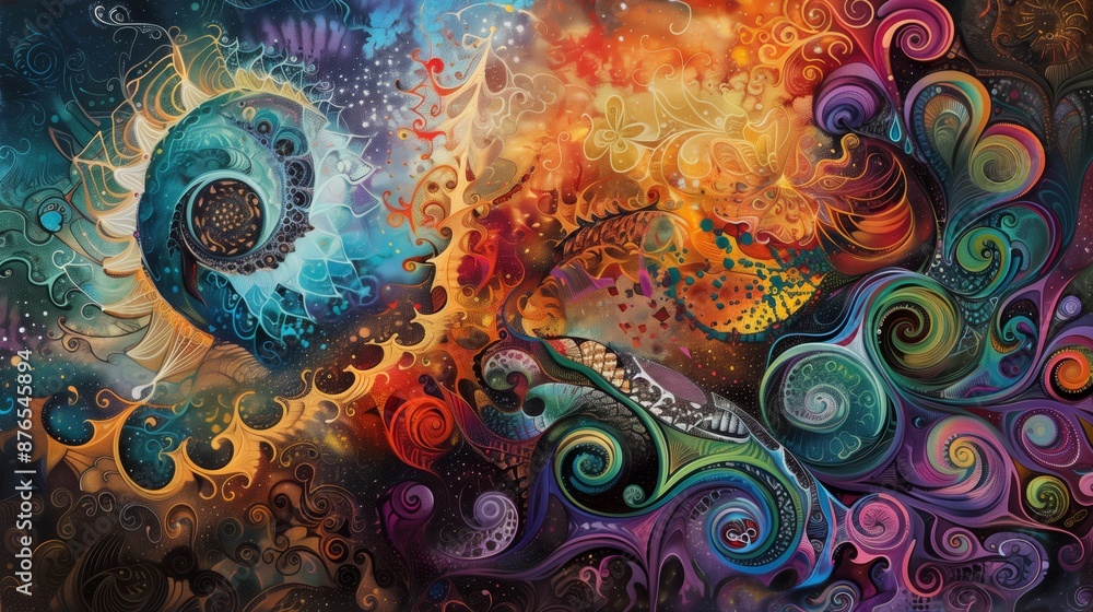 Poster an abstract painting with swirling colors and intricate patterns, creating a dynamic, captivating sc