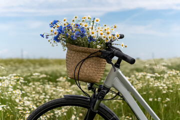 Naklejka premium White bicycle with a basket full of wildflowers including blue cornflowers and white daisies in a meadow on a sunny day. Concept of summer cycling, floral arrangements, and outdoor recreation . High