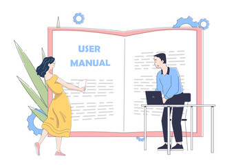 People with user manual. Man and woman near instructions and guidebook. Instruction and tutorial. Guy and girl with knowledge and information. Linear vector illustration isolated on white background