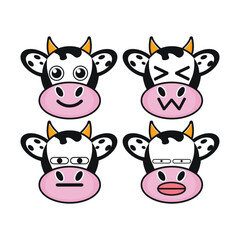 Vector set of cute Cow emoji faces with various expressions. Isolated on white background