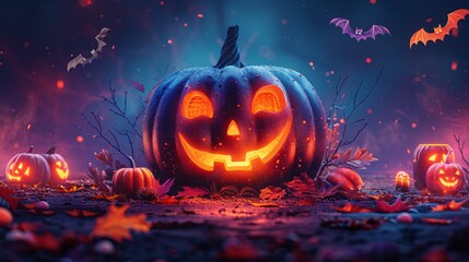 Fototapeta premium Spooky Halloween Night with Glowing Jack-o'-Lanterns and Bats under a Mystical Sky, Generative AI