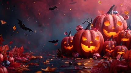 Fototapeta premium Spooky Halloween Night with Glowing Jack-o'-Lanterns and Bats under a Mystical Sky, Generative AI