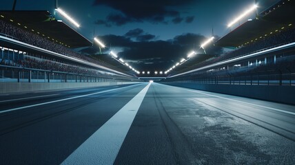 An empty racing track with a crowd of people on the grandstands