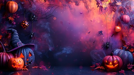 Fototapeta premium Witch's Hat and Spooky Halloween Decor with Pumpkins and Spiders, Generative AI
