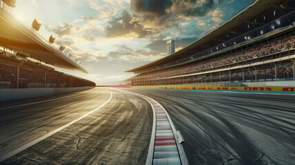 An empty racing track with a crowd of people on the grandstands