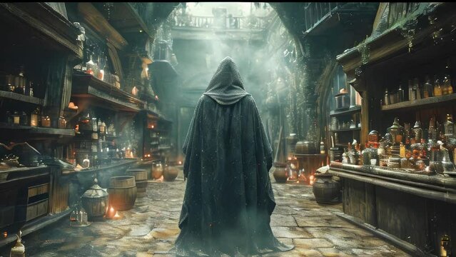 Mysterious halloween witch wizard with a hood on his head