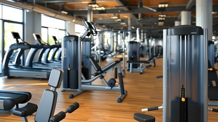 Fototapeta premium Fitness machine and equipments in modern fitness gym room or sport club in morning time. 