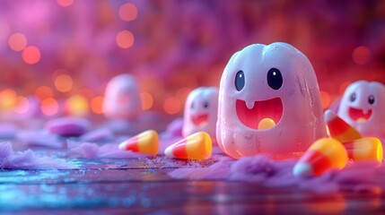 Adorable Halloween Ghosts and Candy Corn with Pumpkins in Festive Bokeh Background, Generative AI