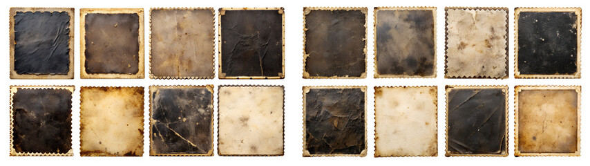 Obraz premium Set of Old empty aged damaged paper cardboard photo card on transparent background. Rough grunge shabby scratched torn ripped texture