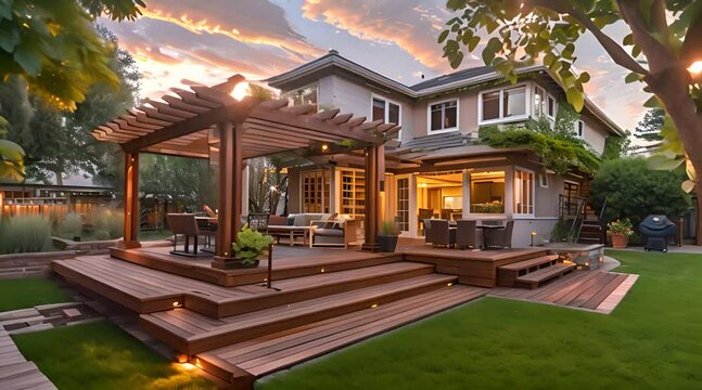 Back yard house exterior with spacious wooden deck with patio area and attached pergola. Northwest, USA