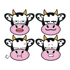 Vector set of cute Cow emoji faces with various expressions. Isolated on white background