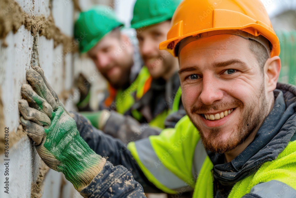 Poster skilled construction workers building a modern structure professional technician and joiner collabor