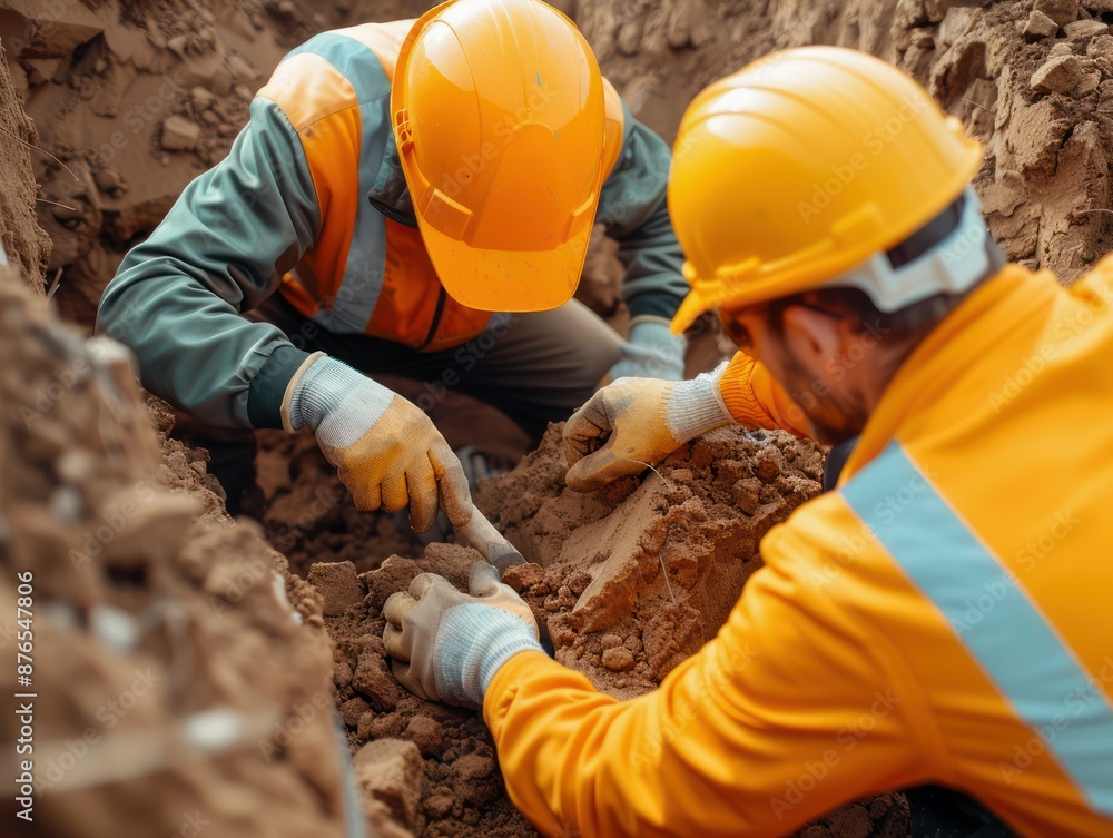 Poster skilled construction workers collaborate on a modern building project, excavating foundation with pr
