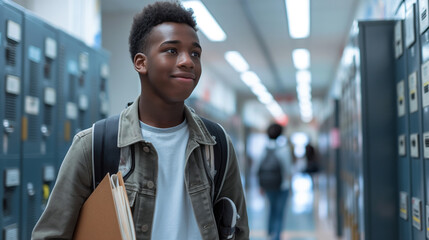 Naklejka premium Black Boy Walking in Hallway with Backpack and Books