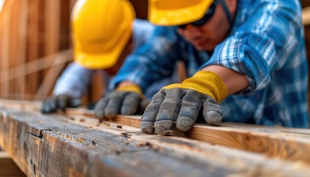 Skilled Tradesmen Collaborate on Building a Sturdy Wooden Structure, Construction Teamwork, Craftsmanship, and Expertise