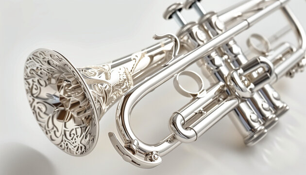 Silver trumpet with intricate designs on the bell close-up of a musical instrument elegant and detailed craftsmanship