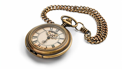 Antique pocket watch with a brass chain on a white background vintage and classic timepiece intricate and elegant