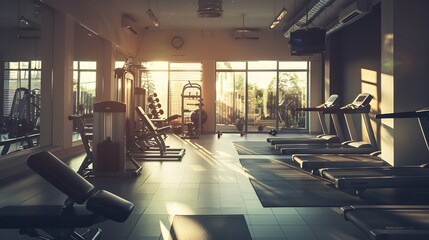 Fototapeta premium Fitness machine and equipments in modern fitness gym room or sport club in morning time. 