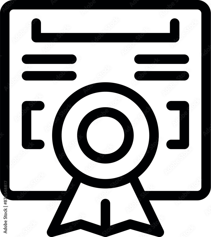 Poster line icon of a paper document with a round stamp and ribbon, representing quality assurance and cert