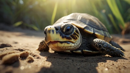 Obraz premium A sweet baby turtle walking in its habitat