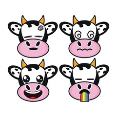Vector set of cute Cow emoji faces with various expressions. Isolated on white background