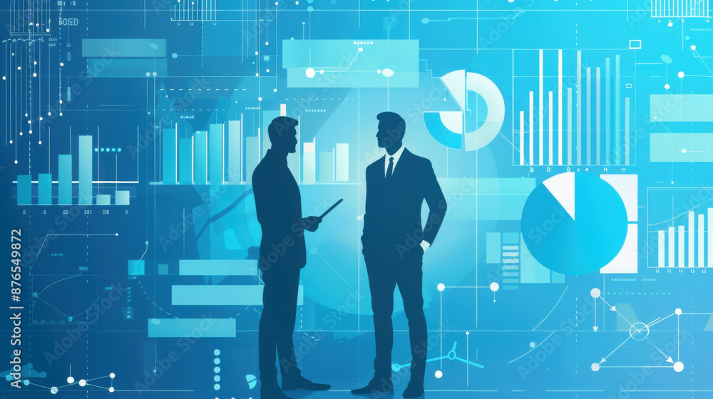 Aufkleber silhouettes of two business professionals discussing data charts and graphs, emphasizing analysis an
