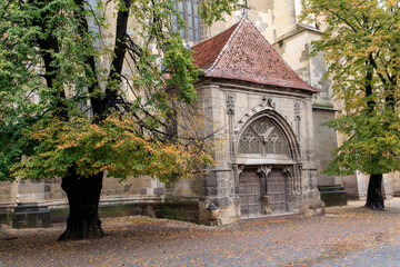 Europe, Romania. Brasov. Detail of church exterior.