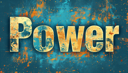 Grunge style typography of the word power with distressed orange and blue textures bold design strong artistic statement