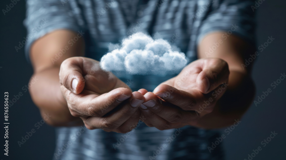 Poster close-up of hands holding a digital representation of a cloud, symbolizing cloud computing and techn