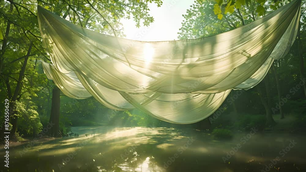 Poster a cinematic view of a canopy of fabric floating above a secluded lake creating a sense of enchantmen