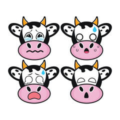 Vector set of cute Cow emoji faces with various expressions. Isolated on white background
