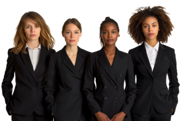 Group of young women wearing black and white business suits isolated on transparent background