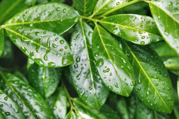 Beautiful close-up detail water juicy green leaf background.  We plant foliage at rainforest. Natural environmental abstract backdrop pattern. Greenery eco garden fresh texture