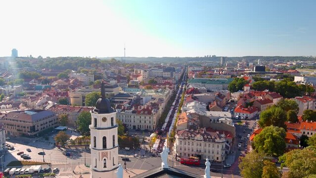 Aerial view of annual Nations Fair, where masters from the national communities of Lithuania present their arts, crafts, national customs and traditions. Vilnius Old town, Lithuania.