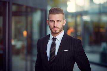 Fototapeta premium Portrait of young professional businessman standing confidently, looking at the camera in front of office 
