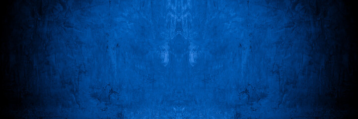 Old wall pattern texture cement blue dark abstract  blue color design are light with black gradient background.