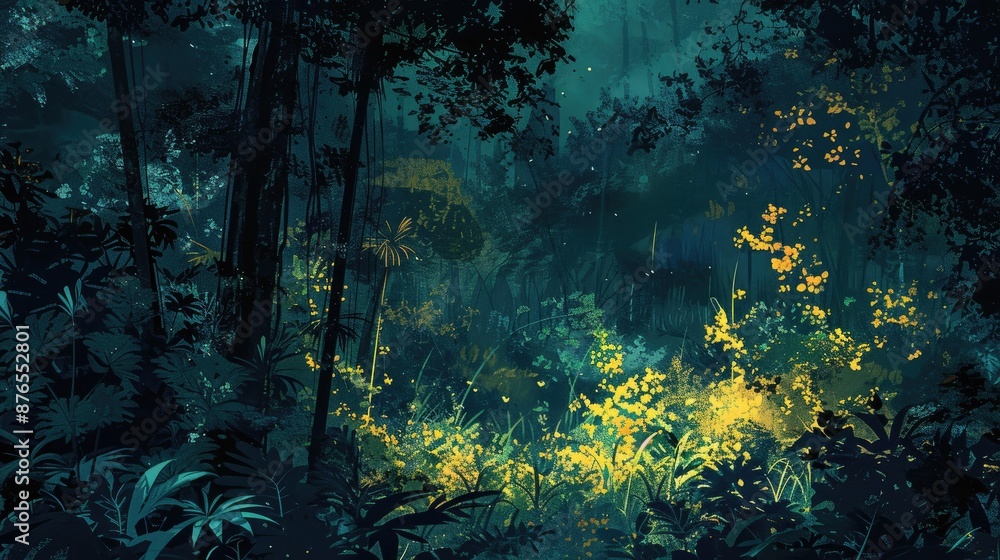 Poster a forest scene with trees and bushes. scene is dark and mysterious. the trees are tall and dense, an
