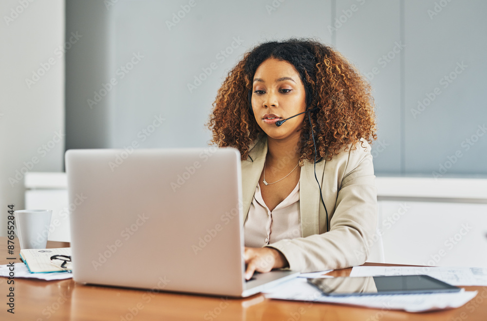 Poster laptop, headset and woman secretary in office for calls and email with client feedback. contact us, 