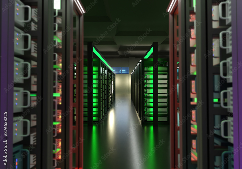 Poster server equipment. hosting technologies. server cabinets with neon lighting. telecommunications cente