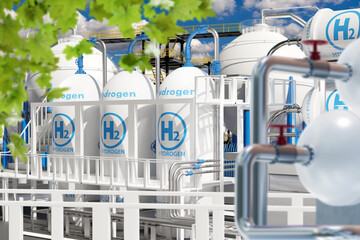 Hydrogen plant. H2 gas in high pressure tanks. Innovative hydrogen electric power station. Exterior...