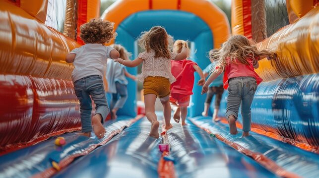 Children having fun playing jumping in a colorful bouncy castle or bounce house.  People lifestyle photo. 