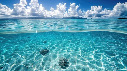 Obraz premium A beautiful blue ocean with a clear water line separating it from the sky. The sky is filled with clouds, giving the scene a serene and peaceful atmosphere