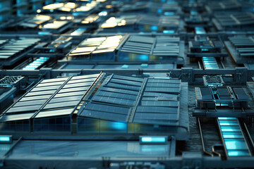 Obraz premium A solar panel array is installed on the roof of a building, generative ai image.