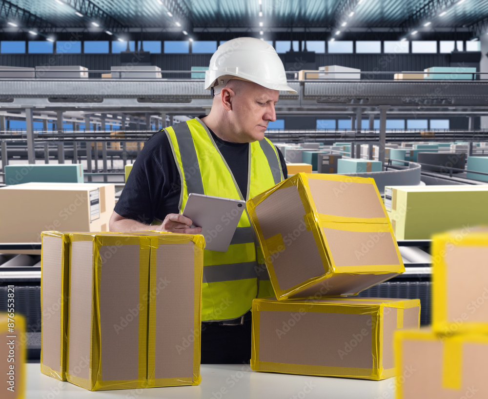 Poster man works on conveyor belt. factory with production line. conveyor production system. man with e-tab